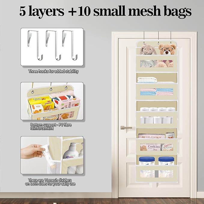 Over The Door Organizer, 5 Shelves Closet Door Hanging Organizer with 10 Mesh Pockets, Nursery Closet Organizer, Baby Essentials, Dorm Room Essentials for Girls