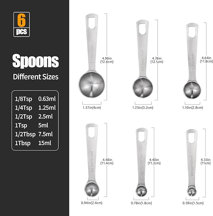 Doosu Measuring Spoons Set of 6-18/8 Stainless Steel Heavy Duty Teaspoons Tablespoons with Engraved Metric & US Measurements, Metal Measure Spoon for Dry and Liquid Ingredients, Dishwasher Safe