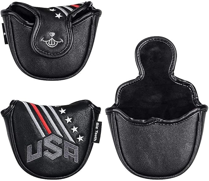 Big Teeth Golf Cover USA Stripe and Star Headcover Covers, Driver Fairway Wood Hybrid Headcovers Fits Blade Mallet Putter Iron and Woods with Magnetic Club Protector Pu Leather Golf Accessories