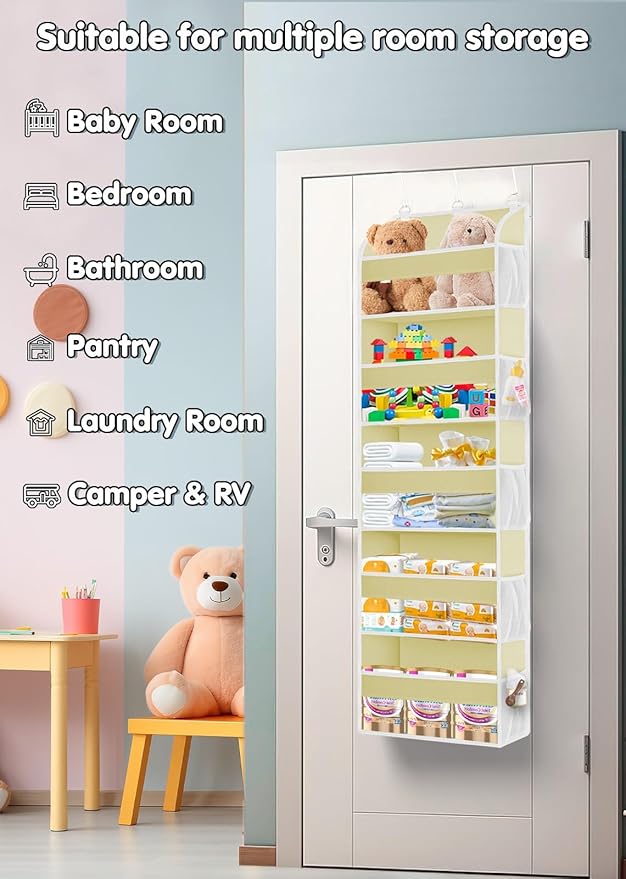 2 Pack Over The Door Storage Organizer with 5 Pockets 10 Mesh Pockets, 44 lbs Weight Capacity Door Hanging Organizers and Storage for Bedroom,Bathroom,Nursery,Kidroom,Babyroom