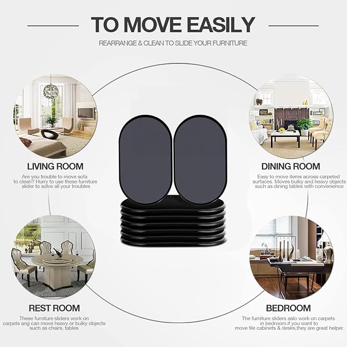 Reusable Large Furniture Sliders for Carpet, Furniture Movers Sliders, Carpet Movers Oval Heavy Duty Sofa Bed Table Desk Movers for Carpet –Quickly and Easily Move Any Item, Black (8 Pack)