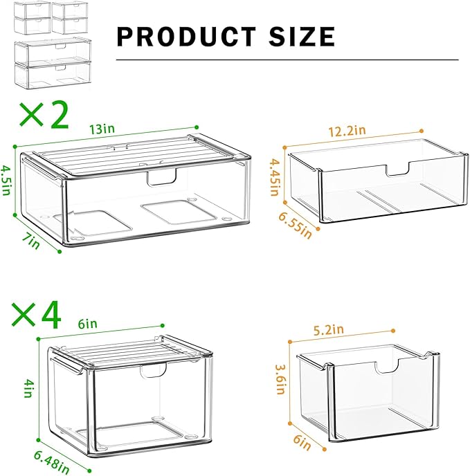 Acrylic Storage Drawers Set of 6, Clear Makeup Organizer, Plastic Organizer Bins for Beauty Supplies,Ideal for Vanity, Bathroom,Cabinet,Pantry Organization