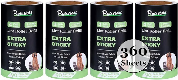 4 inch Lint Roller Refills for Amazon IKEA Evercare and Others, Extra Sticky Lint Remover Roller Refills 4 Pack, 90 Sheets per Refill, 360 Sheets Total (Inside Dia. 1 1/2 inch)