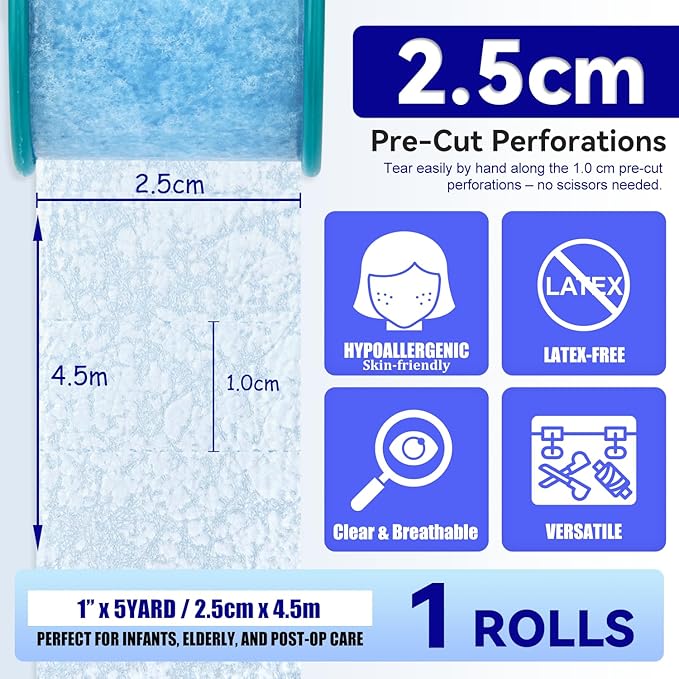 FRESINIDER Silicone Medical Tape – 1" x 5 Yard Blue 4 Rolls, Pre-Cut, Waterproof & Repositionable, Pain-Free Removal, Hypoallergenic Adhesive for Sensitive Skin, Wound Care & First Aid Use
