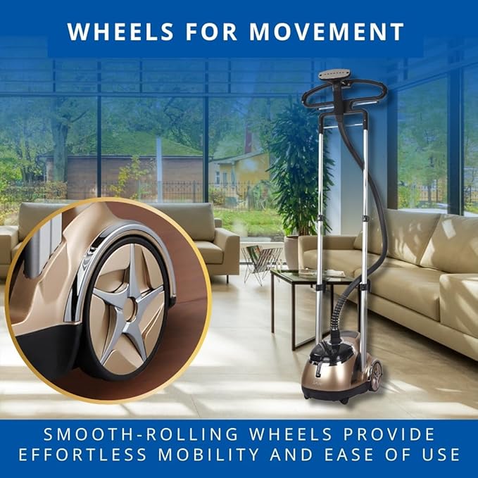 SALAV® Professional Garment Steamer for Clothes with Foot Pedal Control, Stainless Steel Steam Plate, Retractable Power Cord, 1.8L Water Tank for 1hour Steam Time, Wheels for Easy Movement, Gold