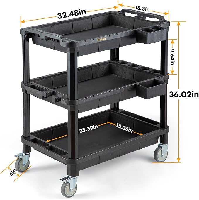 ELAFROS Multi-Use Utility Cart - 32.4x18.3 Heavy-Duty Service Cart with 3 Deep Shelves, Industrial-Grade Tool Cart Mobile Organizer, Rolling cart Holds up to 500 lbs, Black