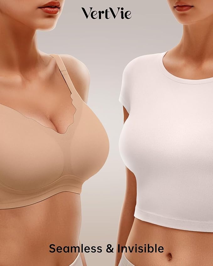 Vertvie Womens Seamless Bras No Underwire Supportive Wireless Push Up Full Coverage Bralette Comfort Scalloped T-Shirt Bra