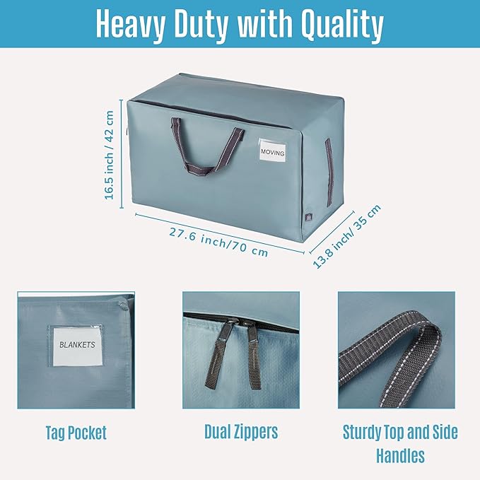 VENO 2 Pack Moving and Storage Bags, Heavy Duty, Alternative to Moving Boxes, Large Packing Totes Supplies for College Dorm Room with Zipper for Clothes, Wide Open Design (Light Blue Matte, 2 Pack)