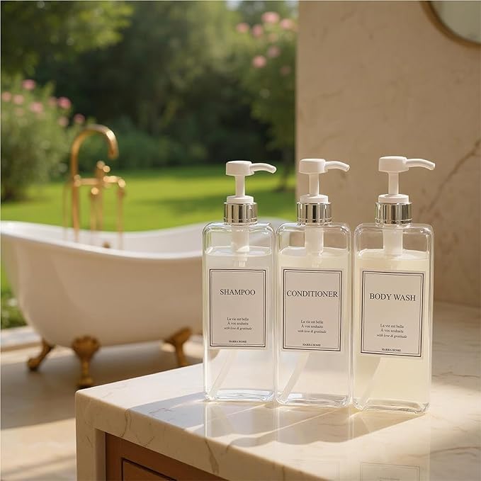 Modern Design Large 27 oz Shampoo and Conditioner Dispensers - Empty Plastic Refillable Pump Bottle Set for Bathroom Shower Soap Dispenser, Set of 3 (Clear & Silver)