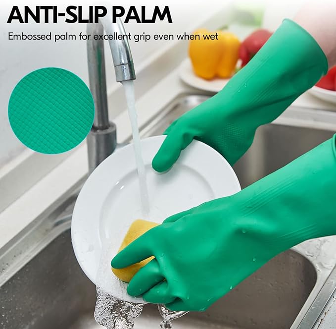 Vgo... 1-Pair Reusable Household Gloves, Rubber Dishwashing gloves, Extra Thickness, Long Sleeves, Kitchen Cleaning, Working, Painting, Gardening, Pet Care (Size XL, Green, HH4601)