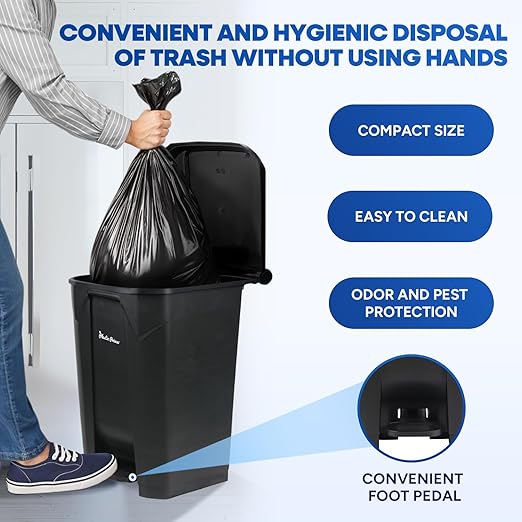 14 Gallon Step-On Trash Can/Container, Black Plastic Dustbin with Lid and Foot Pedal, Hands-Free Disposal