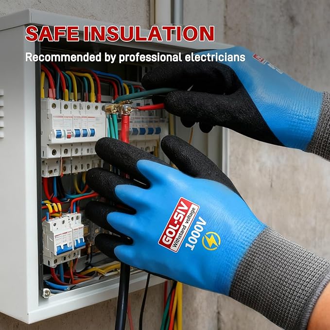 Electrician Gloves 1000V High Voltage,Double Insulated Electrical Gloves For Men,Rubber Safety Work Gloves (Blue,Large)