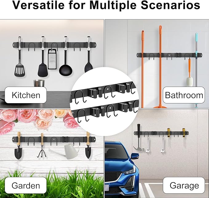 Broom Holder Wall Mount, 2 Packs Black Stainless Steel Tool Storage Organizer for Kitchen Garden Garage Laundry Room Bathroom and RV with 4 Slots 6 Hooks