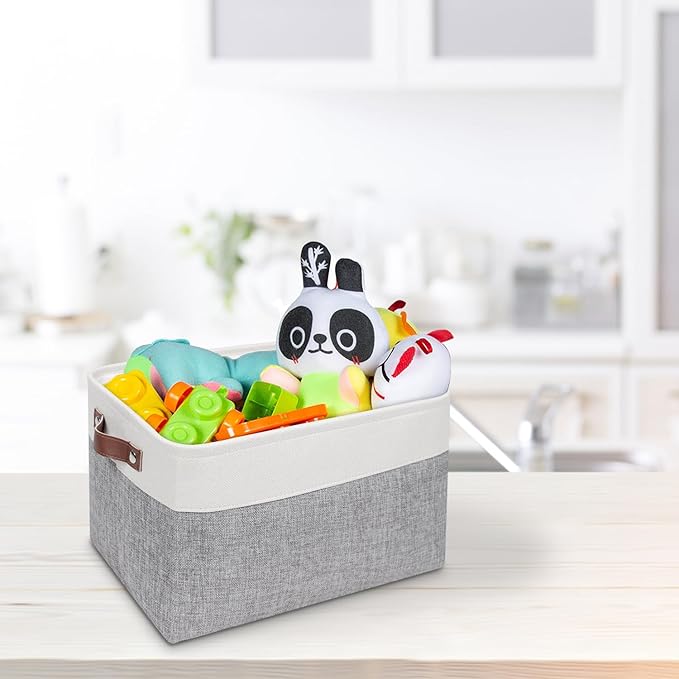 Univivi 15 inch Large Storage Baskets 4PC Gray Hard Bottom Foldable Storage Bins with PU Handles for Shelf Rectangle Fabric Baskets for Organizing (15”X10.5”X9.5”)