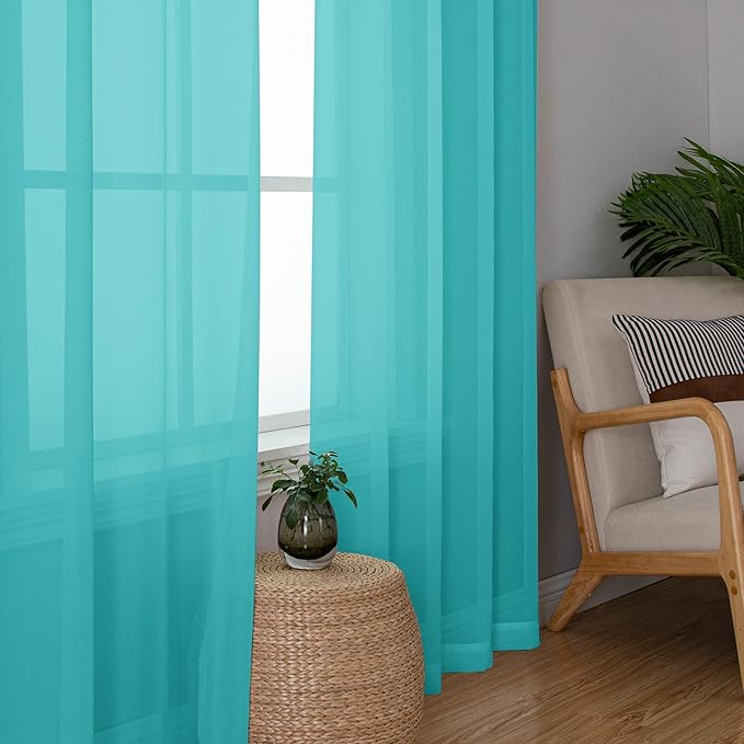 Chyhomenyc Sheer Turquoise Curtains 90 inches Long 2 Panels, Light Filtering Soft Airy Solid Elegant Voile Window Treatment Drapes for Bedroom Living Room Wedding Party Decor, 42 Wx90 L Inches
