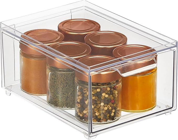 mDesign Stackable Storage Containers Box with Pull-Out Drawer - Stacking Plastic Drawers Bins for Kitchen Pantry and Cupboard, Cabinet, Counter, Island and Tables - Lumiere Collection - 4 Pack - Clear