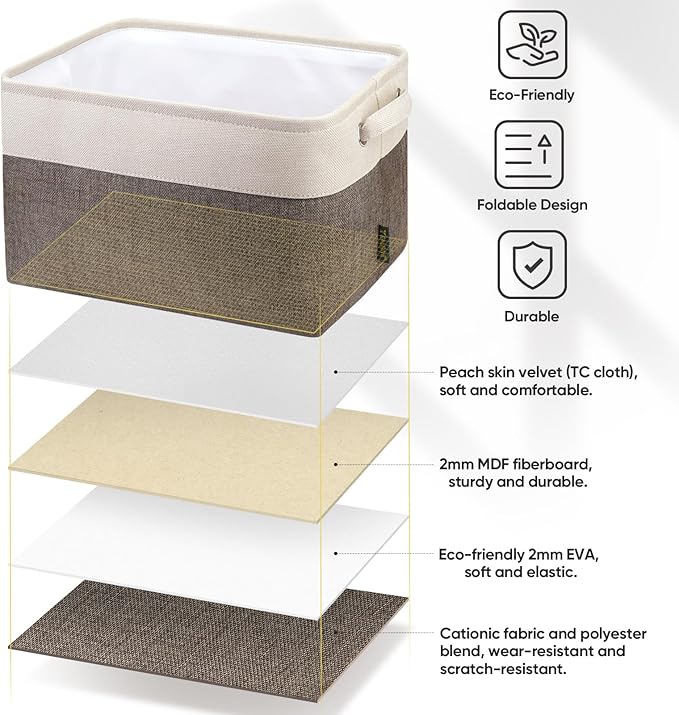BALEINE 4 Pack Fabric Storage Bins for Shelves, Linen Storage Baskets for Organizing, Decorative Closet Bins for Clothes, Home (Brown, 15"x11"x9.5")