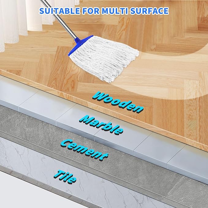Indoor Cotton Mops for Floor Cleaning - Indoor Cleaning Mop for Wood Floors, Tile, Hardwood Floor, 52" Adjustable Stainless Steel Handle Mops to Clean Living Room, Kitchen,Bathroom. (White Blue)