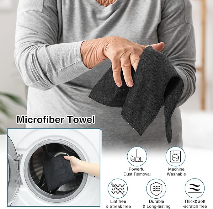 200 Pieces Microfiber Cleaning Cloths Bulk Absorbent Microfiber Towels Reusable Lint-Free Streak Free Wash Rags for House Kitchen Office Restaurants Bar Shop Car, 12 x 12 Inches (Black)