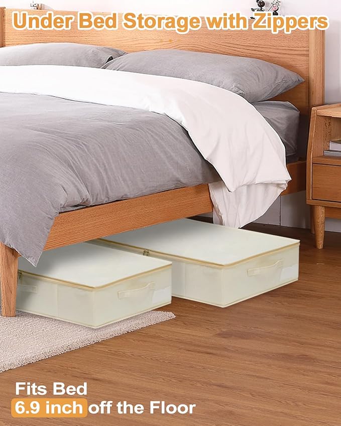 Under Bed Storage, 2 Pack Clothing Storage Bags W/Upgraded Handles, Large Capacity Underbed Shoe Container Organizer, Breathable Dorm Essentials Bins for Blanket, Pillows, Comforters & Quilts, Beige
