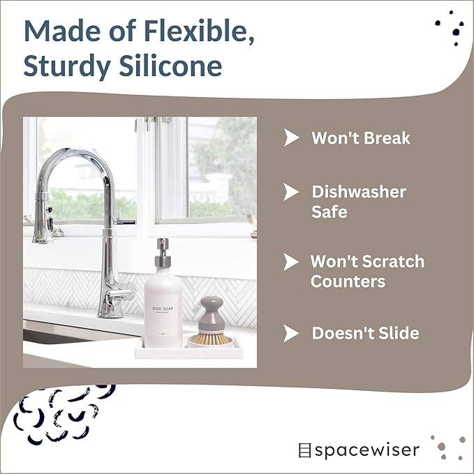 Countertop and Vanity Tray - Small 7.7” Silicone Tray for Soap Dispenser, Bathroom Trays, Dish Soap Trays for Kitchen Counter, Sink Caddy Sinks Organizer, Soaps Dish & Sponge Holder, White
