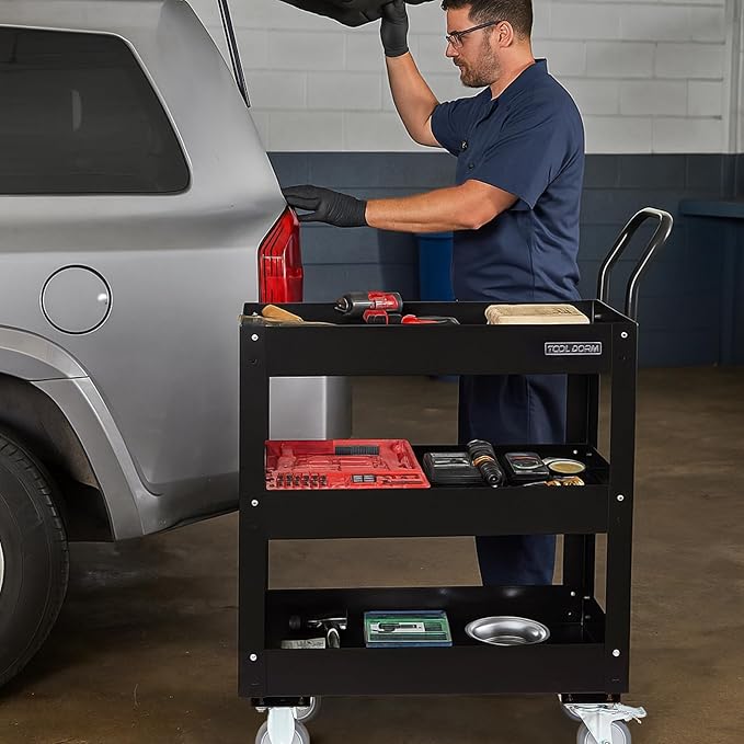 3 Tray 29.3 inch Tool Cart, self Assembly, 300 LBS Capacity Rolling Tool Carts on Wheels, Heavy Duty Utility Cart, Mechanic Tool Storage Cart for Garage, Warehouse and Repair Shop, Black