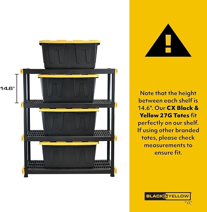 BLACK & YELLOW, 4-Tier Heavy Duty Plastic Storage Shelving Unit, 200lbs/shelf (55"H x 48"W x 20"D), for Indoor/Outdoor Organization, Modular Rack