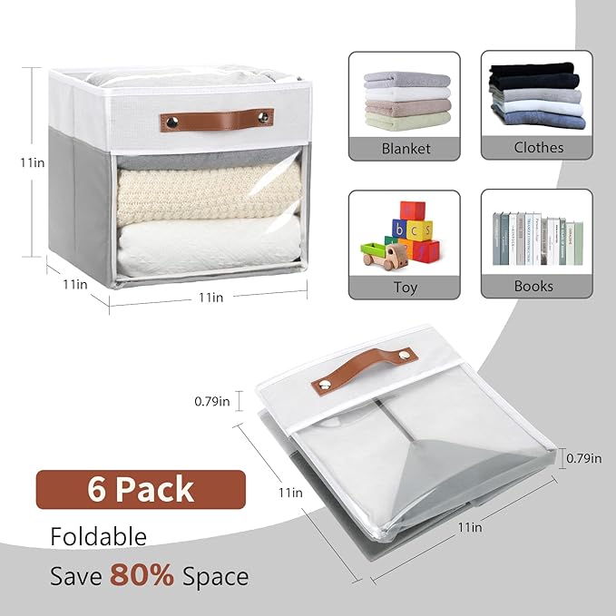 HNZIGE 11x11 Cube Storage Bins for Cube Organizer, Clear Fabric Storage Cubes for Storage Shelves, Collapsible Decorative Storage Bins for Clothes Closet Toys Cubby Storage Bin(White Gray 6 PCS