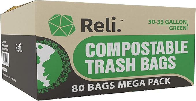 Reli. Compostable 33 Gallon Trash Bags | 80 Count Bulk | ASTM D6400 | Green | Eco-Friendly | For Compost