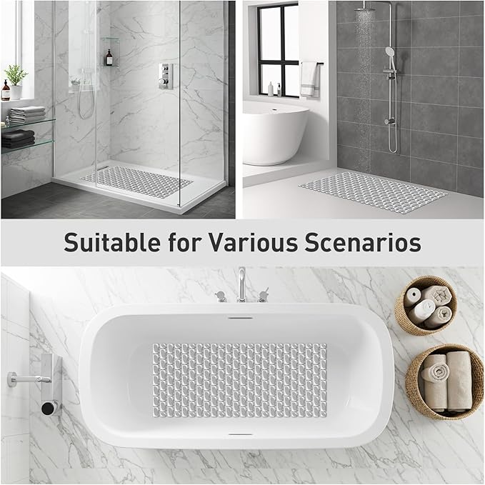 Shower Mat Non Slip Bathtub Mat - 36 x 16 Inch Eco-Friendly Soft Bath Mat for Tub Non Slip Shower Mats for Inside Shower with Suction Cups and Drain Holes, Easy to Clean Quick-Drying, Grey