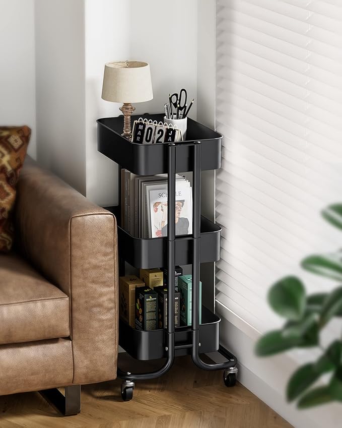 Pipishell 3 Tier Metal Rolling Utility Cart, Heavy-Duty Storage Rolling Cart with 2 Lockable Wheels, Multifunctional Mesh Organization Utility Cart for Kitchen Dining Room Living Room (Black)