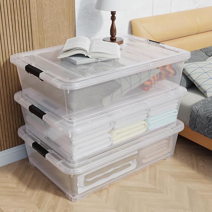 50 Quart Multipurpose Under Bed Storage Container Bins with Secure Latch Lid & Wheels, Underbed Storage Organizer Box, 3-Pack, Clear