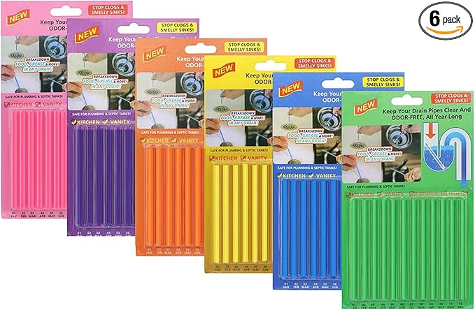 72pcs Drain Cleaner Deodorizer Sticks - Keep Drain Pipes Clear, Prevent Clogs for Kitchen, Bathroom, Toilet (6 Color)