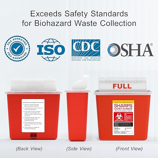 Sharps Container Large - Sharps Containers for Home Use and Labs - Portable Needle Disposal and Travel Size Biohazard Bin - 5 Quart Plus (Pack of 1)