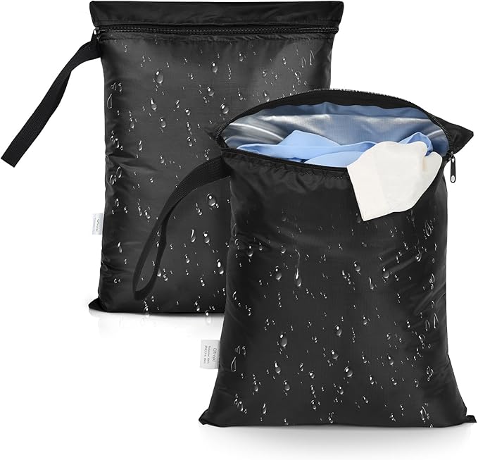 OTraki 2PCS Small Wet Bag for Swimsuit 12x14 Inch Wet Clothes Bag with Handle & Zippered Reusable Wet Dry Bag Waterproof Storage Bag for Beach Pool Yoga Gym, Black