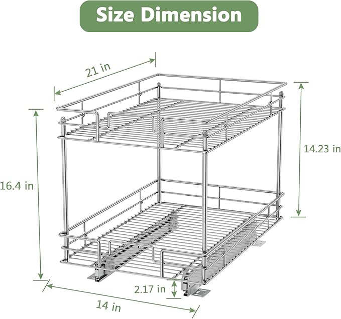 ROOMTEC Pull Out Cabinet Organizer, Kitchen Cabinet Organizer and Storage 2-Tier Cabinet Pull Out Shelves for Kitchen,Under Sink Organizers and Storage 14" W x 21" D Chrome