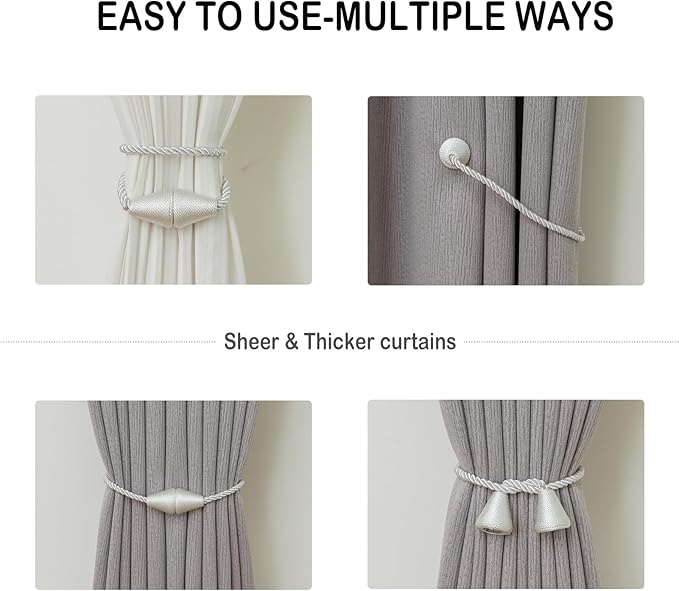 Magnetic Curtain Tiebacks 8 Pack Outdoor Rope Curtain Tie Backs Decorative Window Treatment Holdbacks for Home Decorative Curtain, White