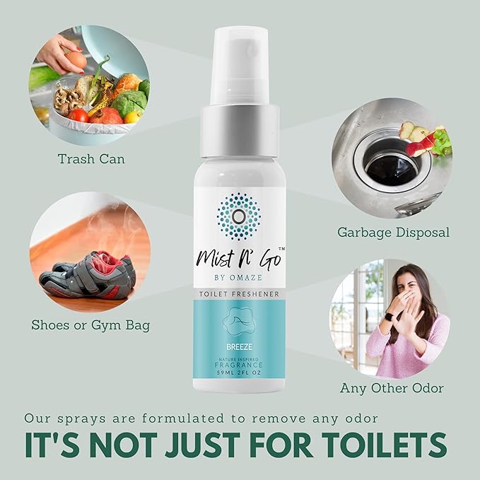 Mist N’ Go by Omaze Travel Bathroom Spray for Toilet Spray Odor Eliminator - Travel Toilet Spray for Bathroom Air Freshener Spray for Bathroom Deodorizer - Breeze Regular Size (2oz x2)