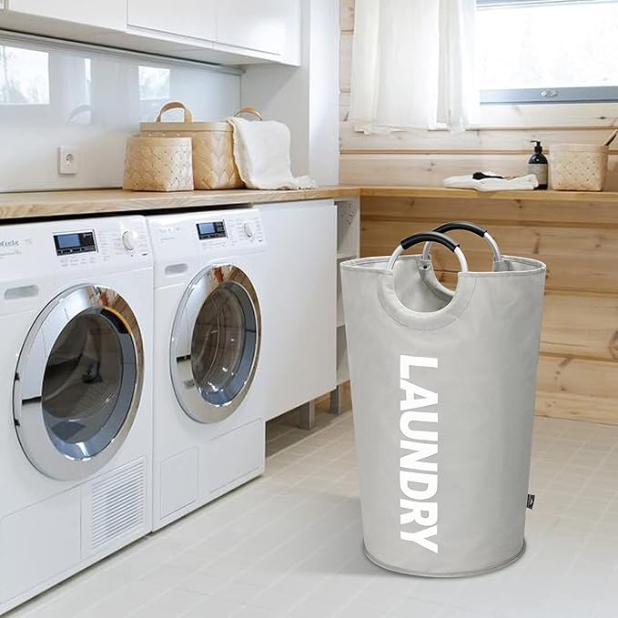DOKEHOM 90L Large Laundry Basket, Collapsible Laundry Bag, Freestanding Tall Clothes Hamper, Foldable Washing Bin (Grey)