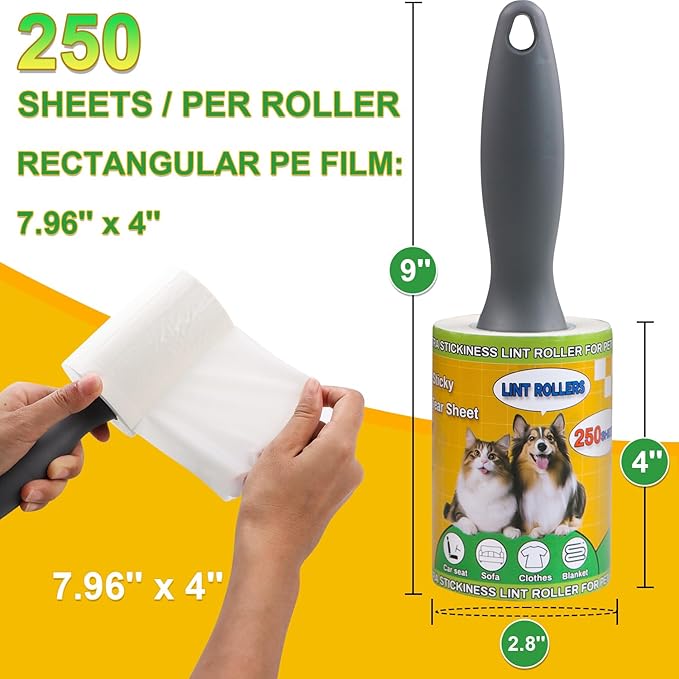 Extra Sticky Lint Rollers for Pet Hair, 250 Sheets, Lint Remover for Dog Cat Hair Removal, Animal Fur, Fuzz, Couch, Clothes Furniture and Carpet Travel-Friendly Grip Handle(1, Blue)