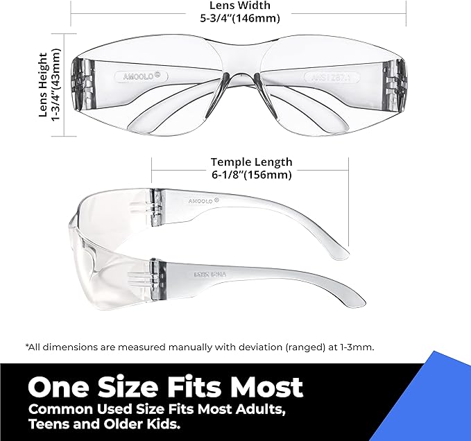 amoolo Clear Safety Glasses Bulk of 48, Protective Eyewear for Men Women, ANSI Z87.1 Impact Resistant Eye Protection for Work, Lab, Construction