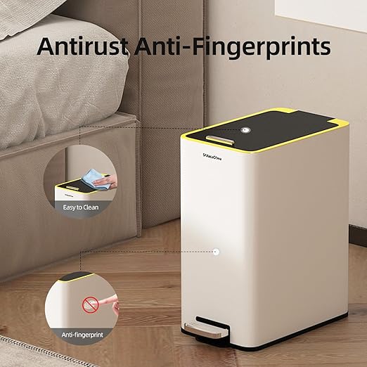 Stainless Steel 4 Gallon Slim Trash Can with Lid,15L Bathroom Garbage Can with Removable Wastebasket, Rectangular Garbage Cans for Office、 Bathroom,、Kitchen (White)