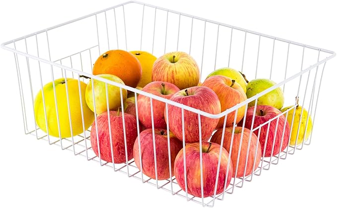 16" L x 12" W Wider Freezer Storage Organizer Baskets Container, Deep Metal Wire Chest Upright Refrigerator Divider Bins with Built-in Handles for Cabinet, Pantry, Closet, Kitchen, Pearl White