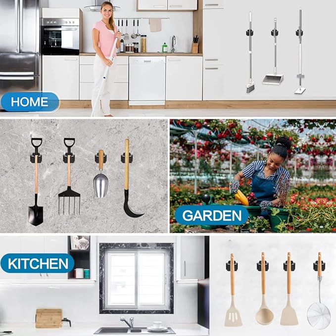 9PCS Broom and Mop Holder, Heavy Duty Garden Tool Organizer Rack Rake and Shovel Handle, Stainless Steel Mop Hanger. Screws for Wall Mounted. Matte Black