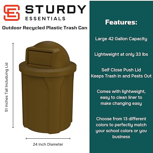 42 Gallon Round 100% Recycled Plastic Heavy-Duty Commercial Outdoor and Indoor Trash Can with Push Open Dome Lid and Internal Liner | Great for Schools and Businesses - Brown