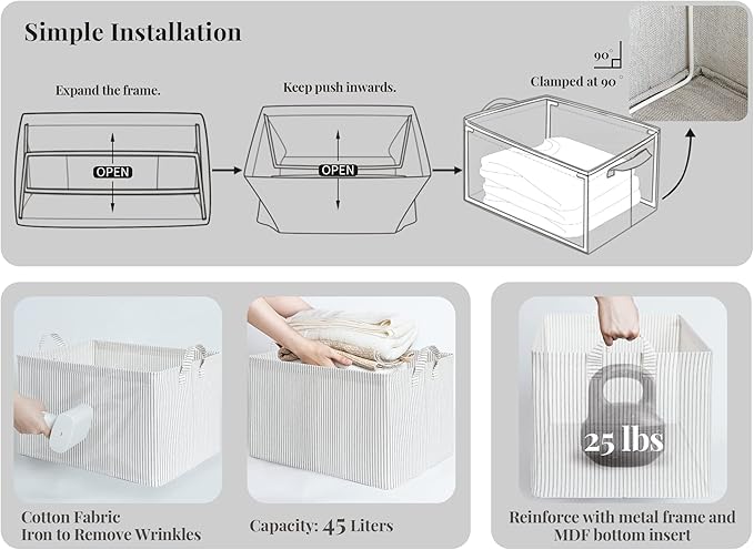 StorageWorks 45L Large Storage Bins for Closet and Shelves, Fabric Organizer Baskets with Metal Frame for Clothes, Towels, Collapsible Storage Basket, Gray and White Stripes, 2-Pack
