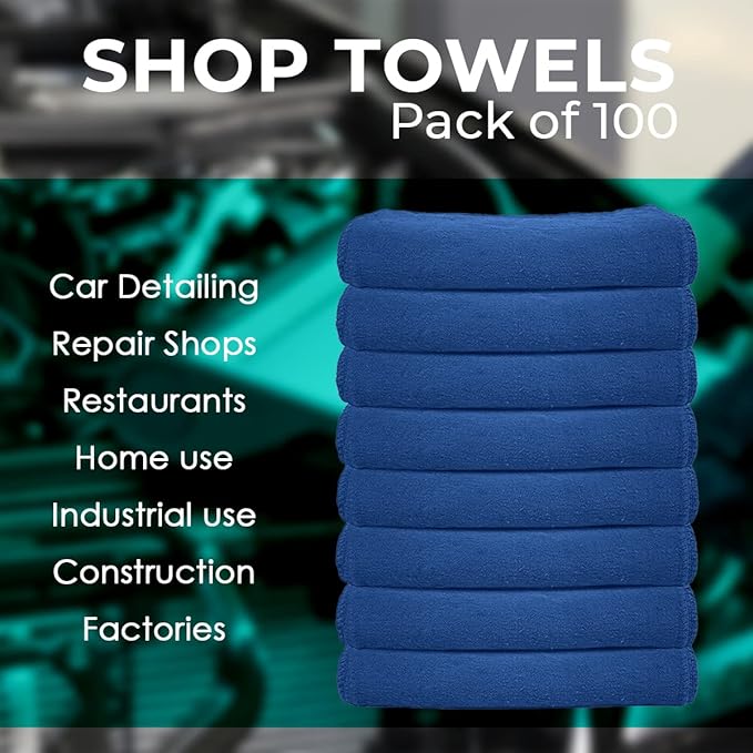 Avalon Towels Cotton Shop Rags – (Pack of 100) Size 12x14 Inches Cleaning Rags – Absorbent Shop Towels and Multipurpose Cleaning Towels for Automobiles, Industries, Garage and Homes (Blue)