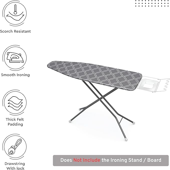 Encasa Ironing Board Covers (44 x 13.5 inch) Drawstring Tightening with Thick 3 mm Felt Padding, Easy Fit, Scorch Resistant, Printed - Grey Tiles as Unit in hand is for 44*13.5