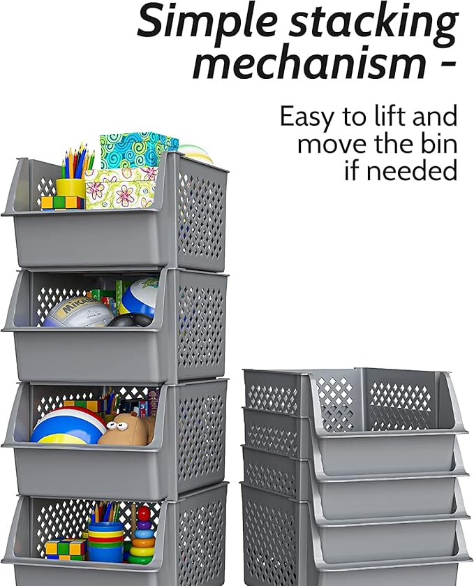 Skywin Plastic Stackable Storage Bins for Pantry - Stackable Bins for Organizing Food, Kitchen, and Bathroom Essentials (Grey - 24 Pack)