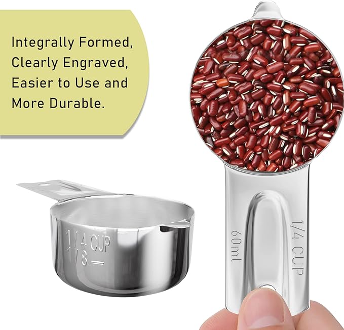4PCS 1/4Cup (60ml, 2oz) Single Measuring Cup, Stainless Steel Measure Scoop, Metric and US Measurement, Dishwasher Safe
